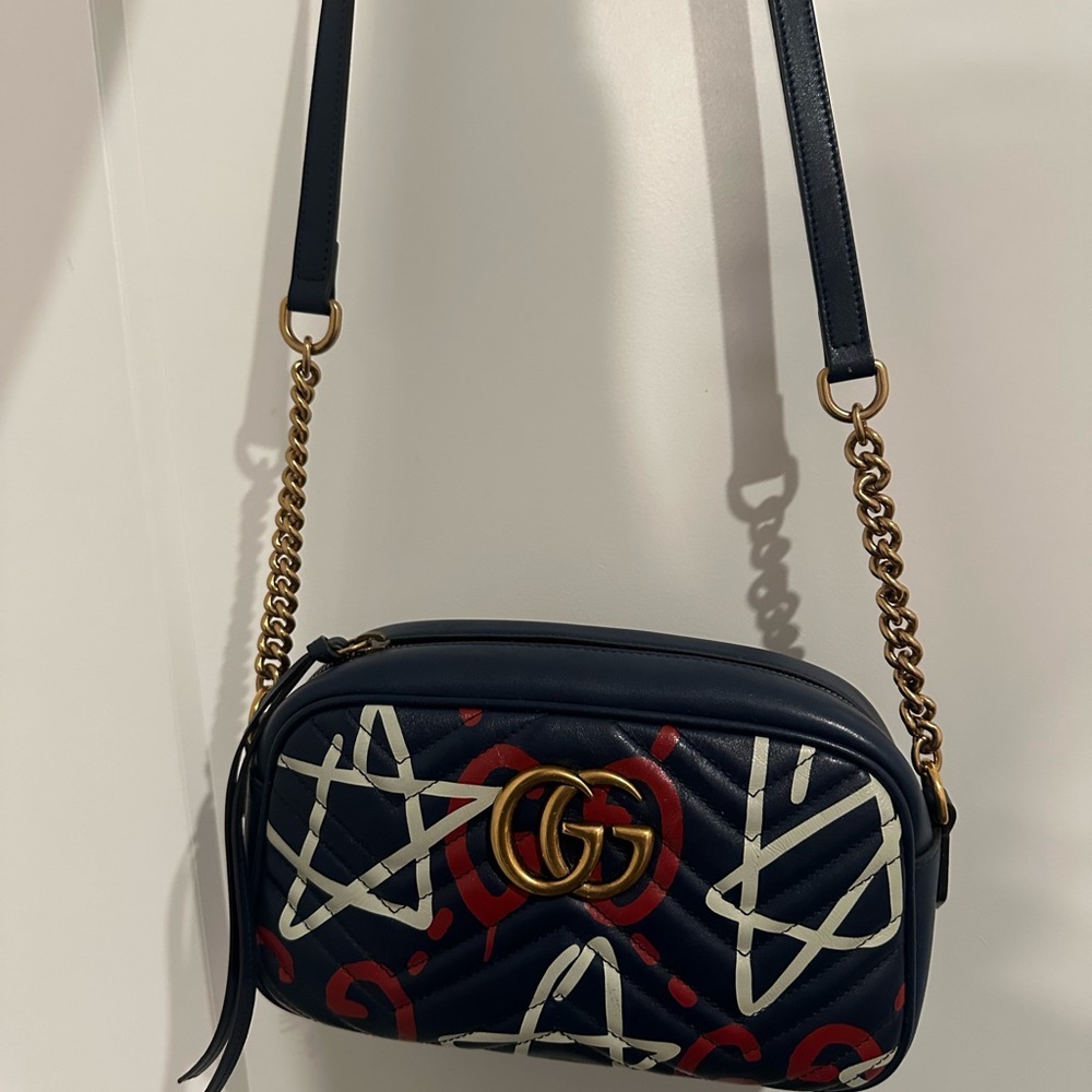 Gucci Blue Ghost Print Quilted Leather Marmont Metalasse Small Shoulder Bag